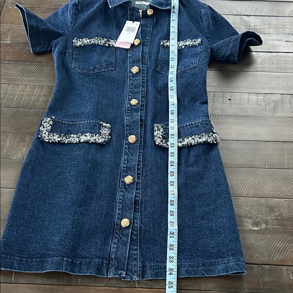 Avec Les Filles Dark Blue Denim Mini Dress with Tweed Accents - Picture 8 of 9
